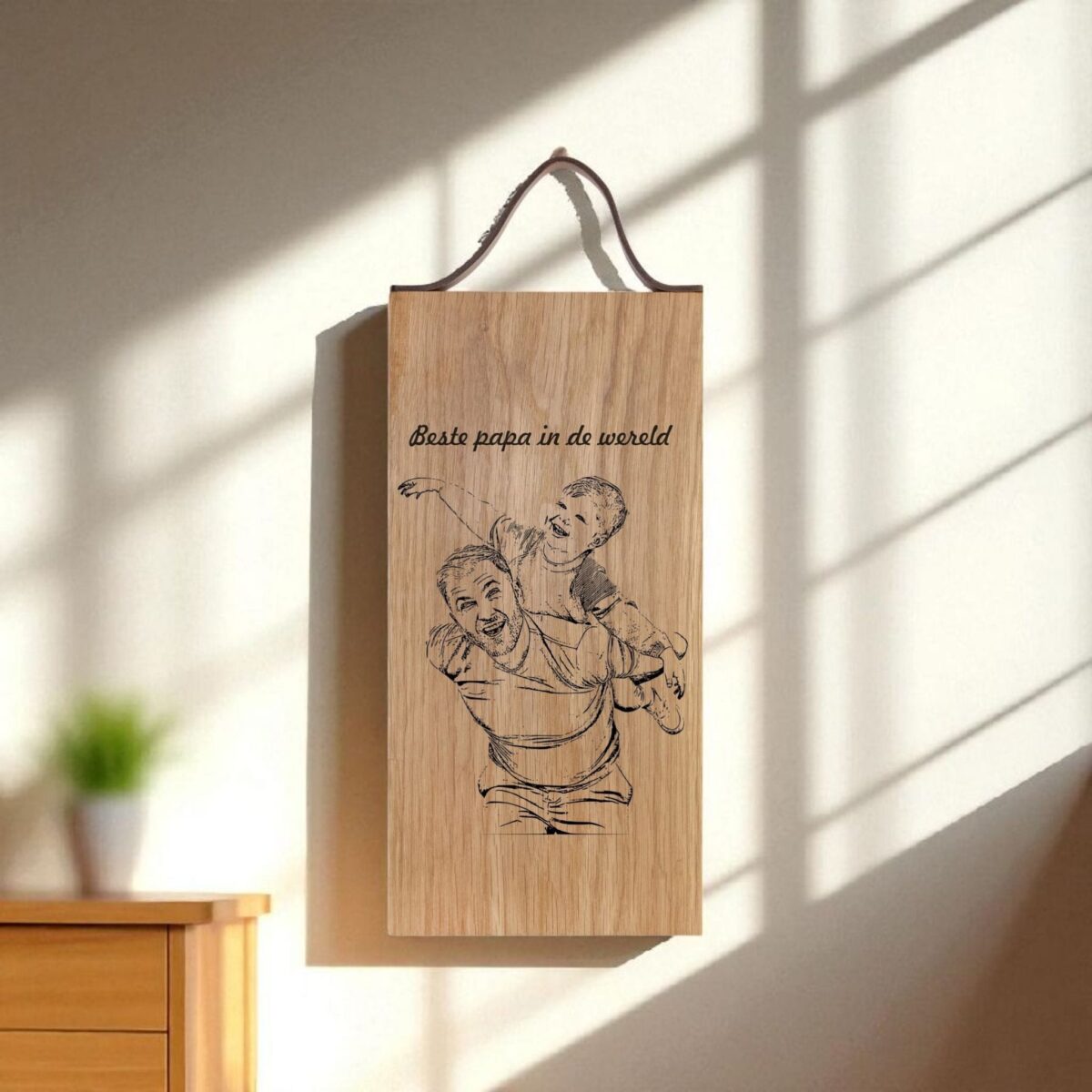 1x Eiken houten plank graveren - met leren handvat - 33x16 cm