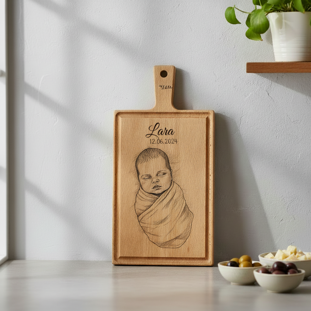 Babyfoto op borrelplank - kraamcadeau - cadeau geboorte - Beuken -  33cm x 16cm - 2