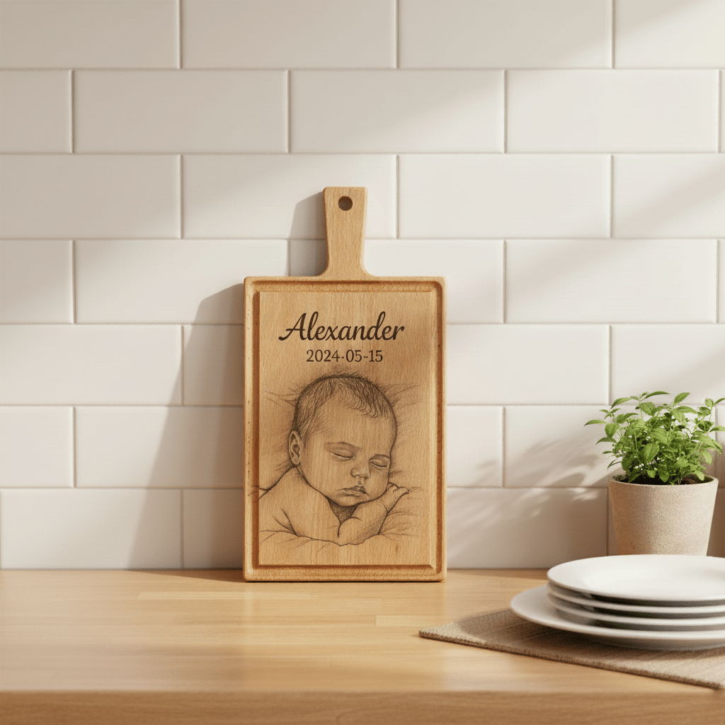 Babyfoto op borrelplank - kraamcadeau - cadeau geboorte - Beuken -  33cm x 16cm - 5