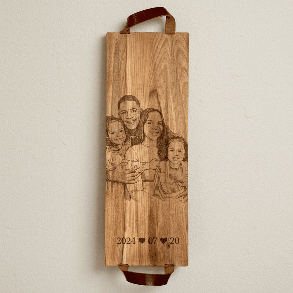 Foto, logo of tekst op borrelplank, snijplank, hapjesplank graveren  - Beuken -  48cm x 17cm - met leren handvatten - 1