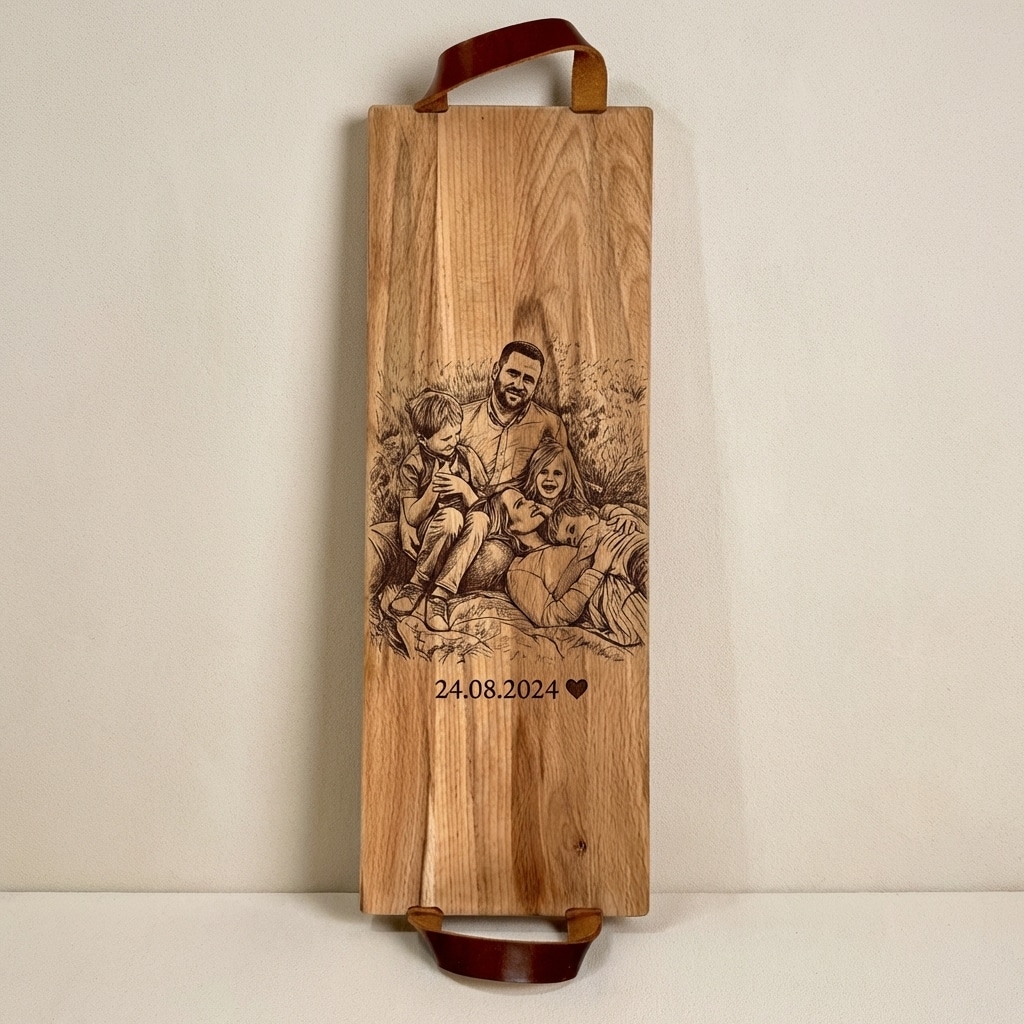 Foto, logo of tekst op borrelplank, snijplank, hapjesplank graveren  - Beuken -  48cm x 17cm - met leren handvatten - 10