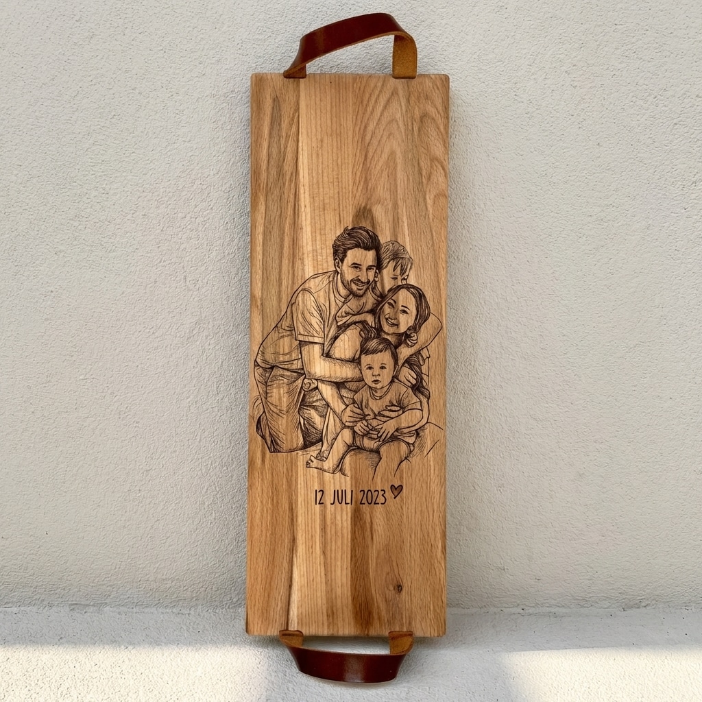 Foto, logo of tekst op borrelplank, snijplank, hapjesplank graveren  - Beuken -  48cm x 17cm - met leren handvatten - 11