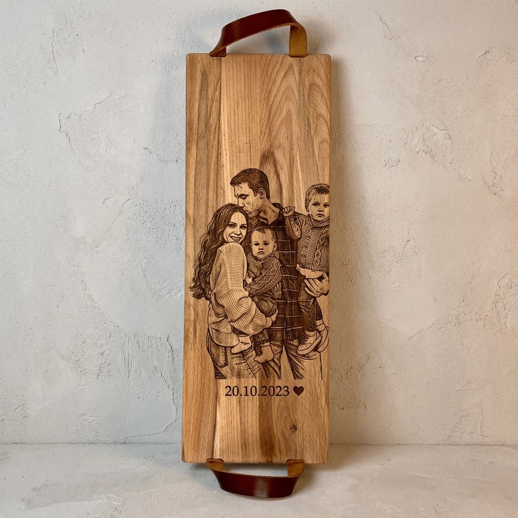 Foto, logo of tekst op borrelplank, snijplank, hapjesplank graveren  - Beuken -  48cm x 17cm - met leren handvatten - 12