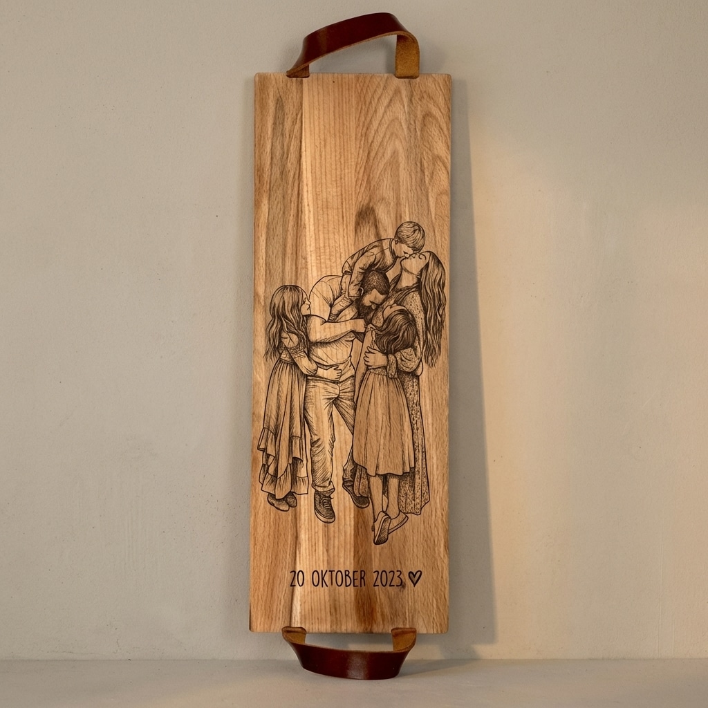 Foto, logo of tekst op borrelplank, snijplank, hapjesplank graveren  - Beuken -  48cm x 17cm - met leren handvatten - 13