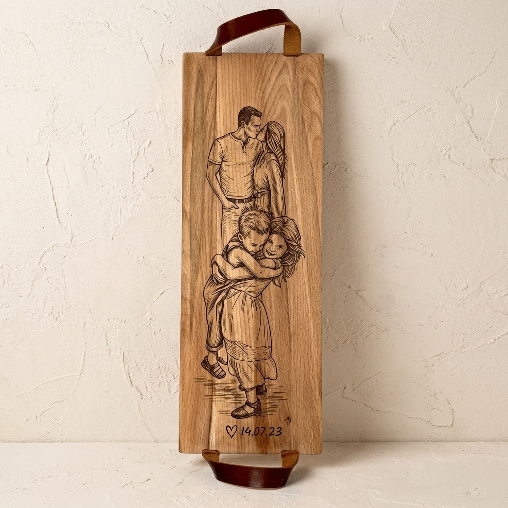 Foto, logo of tekst op borrelplank, snijplank, hapjesplank graveren  - Beuken -  48cm x 17cm - met leren handvatten - 14