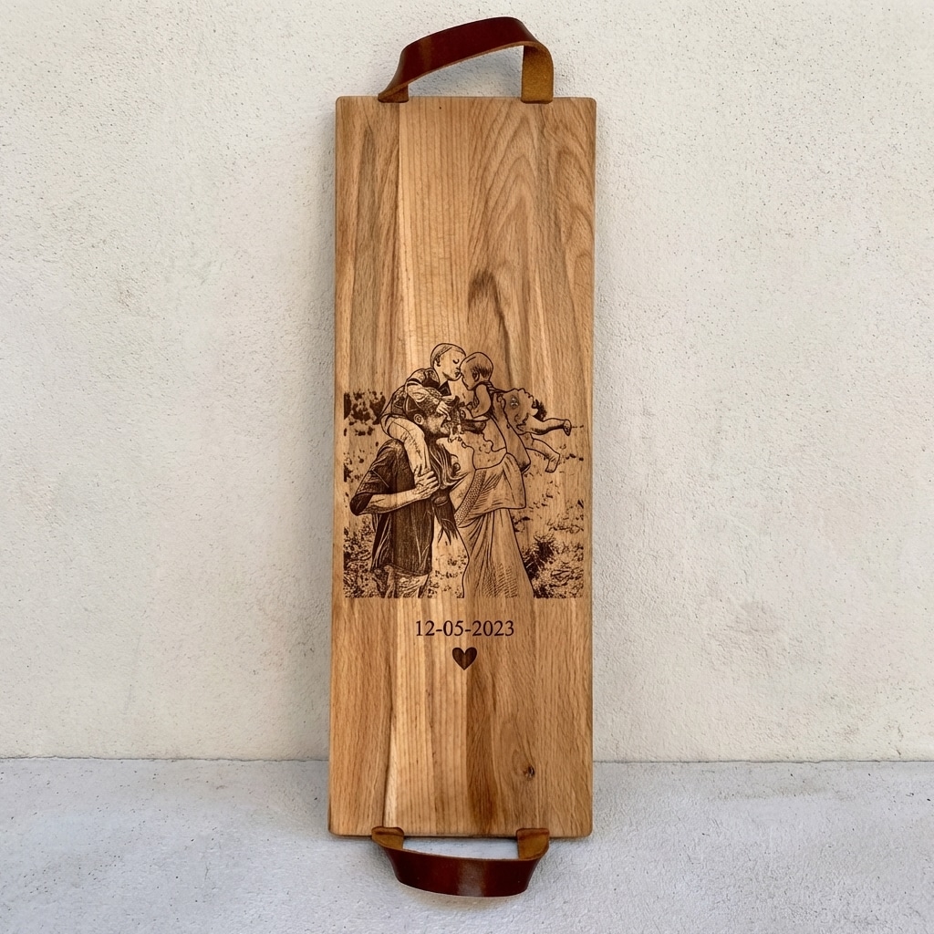 Foto, logo of tekst op borrelplank, snijplank, hapjesplank graveren  - Beuken -  48cm x 17cm - met leren handvatten - 15