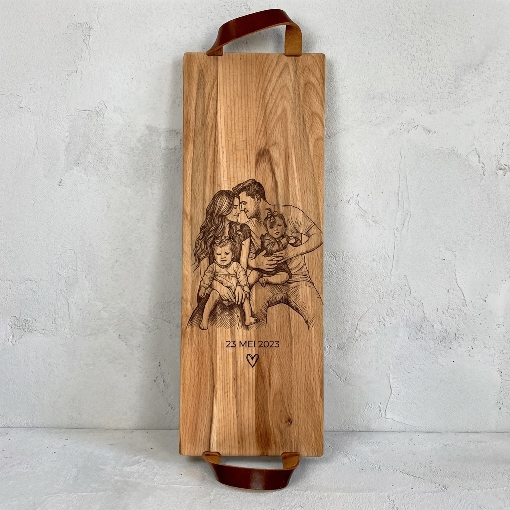 Foto, logo of tekst op borrelplank, snijplank, hapjesplank graveren  - Beuken -  48cm x 17cm - met leren handvatten - 16