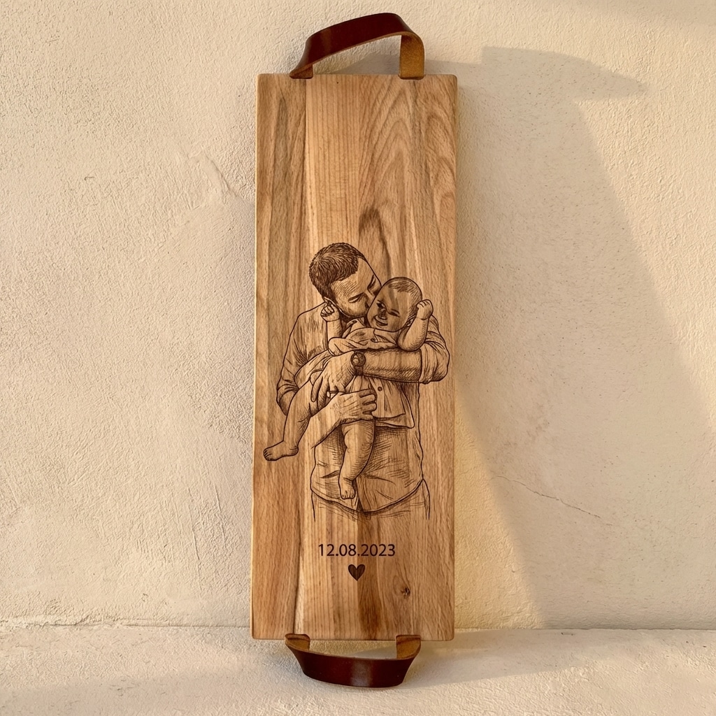 Foto, logo of tekst op borrelplank, snijplank, hapjesplank graveren  - Beuken -  48cm x 17cm - met leren handvatten - 17