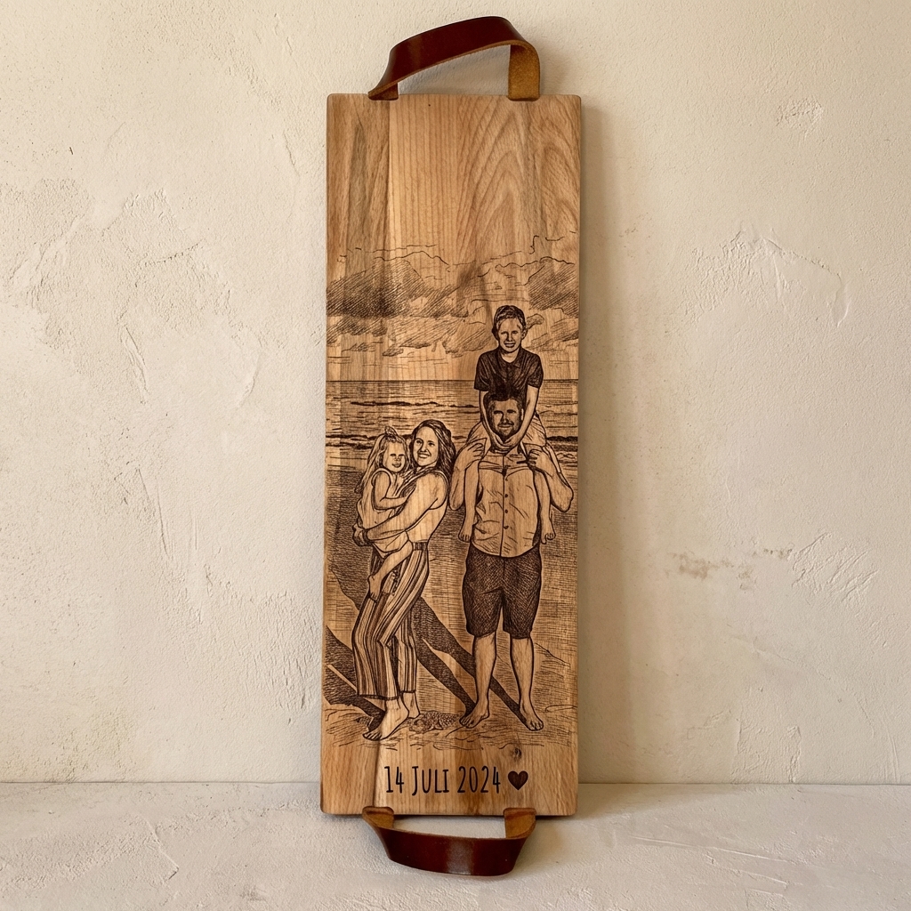 Foto, logo of tekst op borrelplank, snijplank, hapjesplank graveren  - Beuken -  48cm x 17cm - met leren handvatten - 18