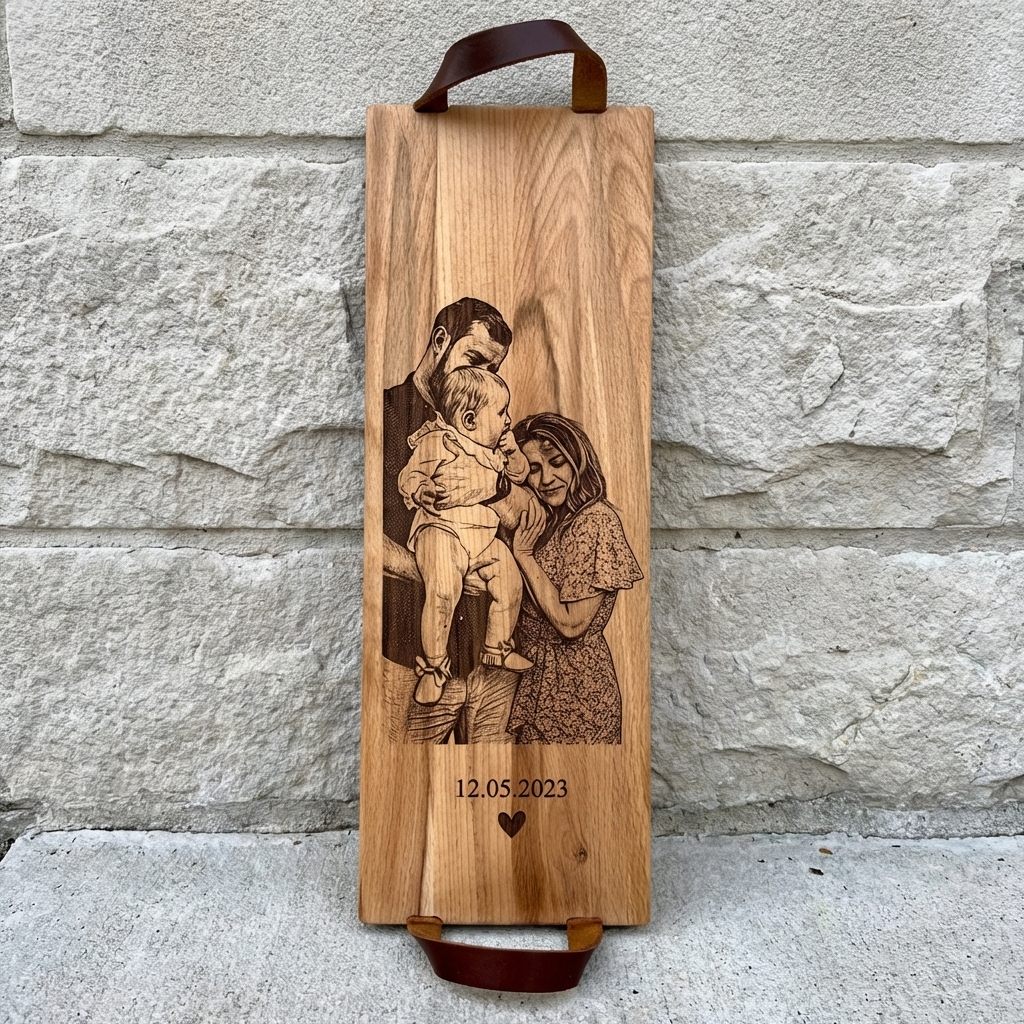 Foto, logo of tekst op borrelplank, snijplank, hapjesplank graveren  - Beuken -  48cm x 17cm - met leren handvatten - 19