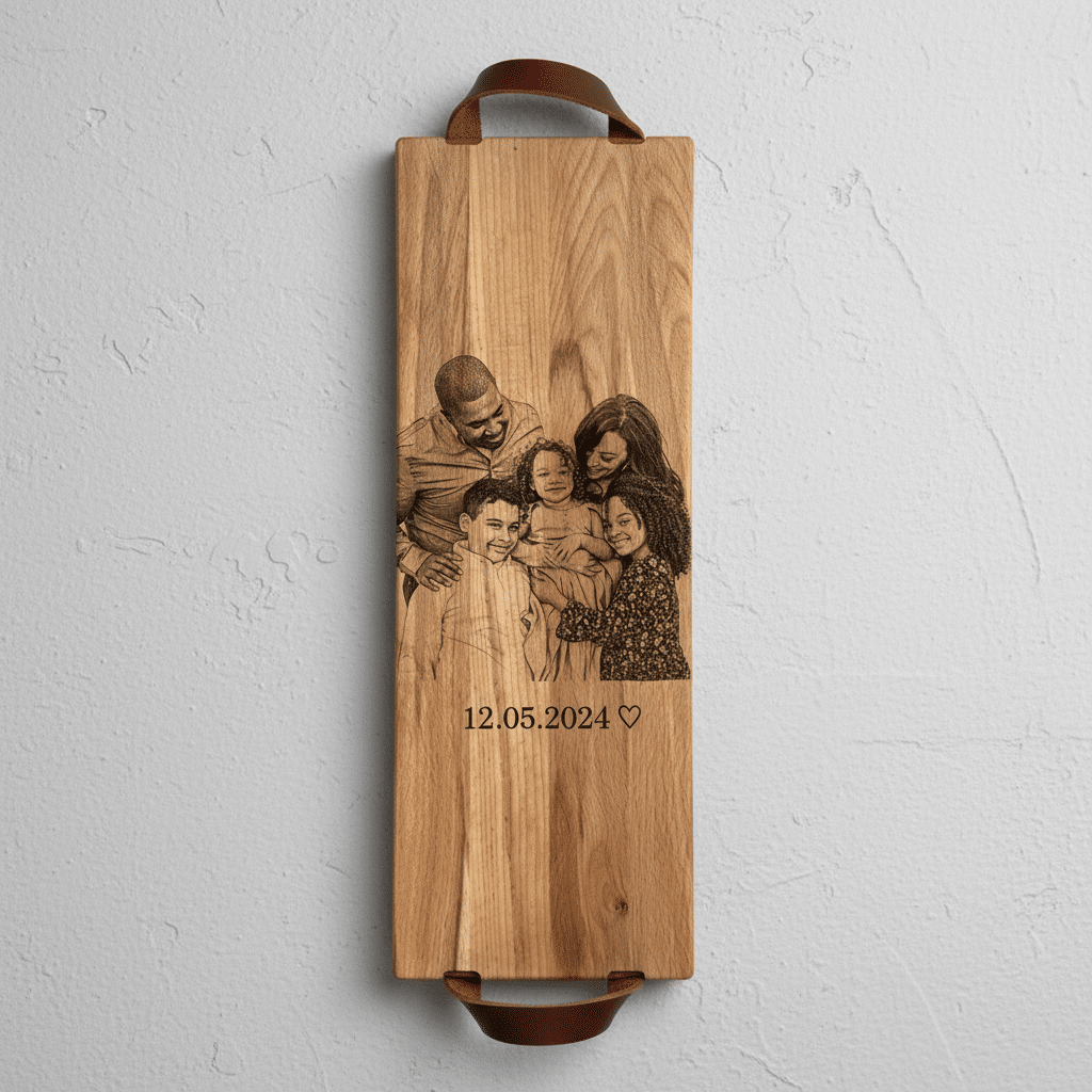 Foto, logo of tekst op borrelplank, snijplank, hapjesplank graveren  - Beuken -  48cm x 17cm - met leren handvatten - 2