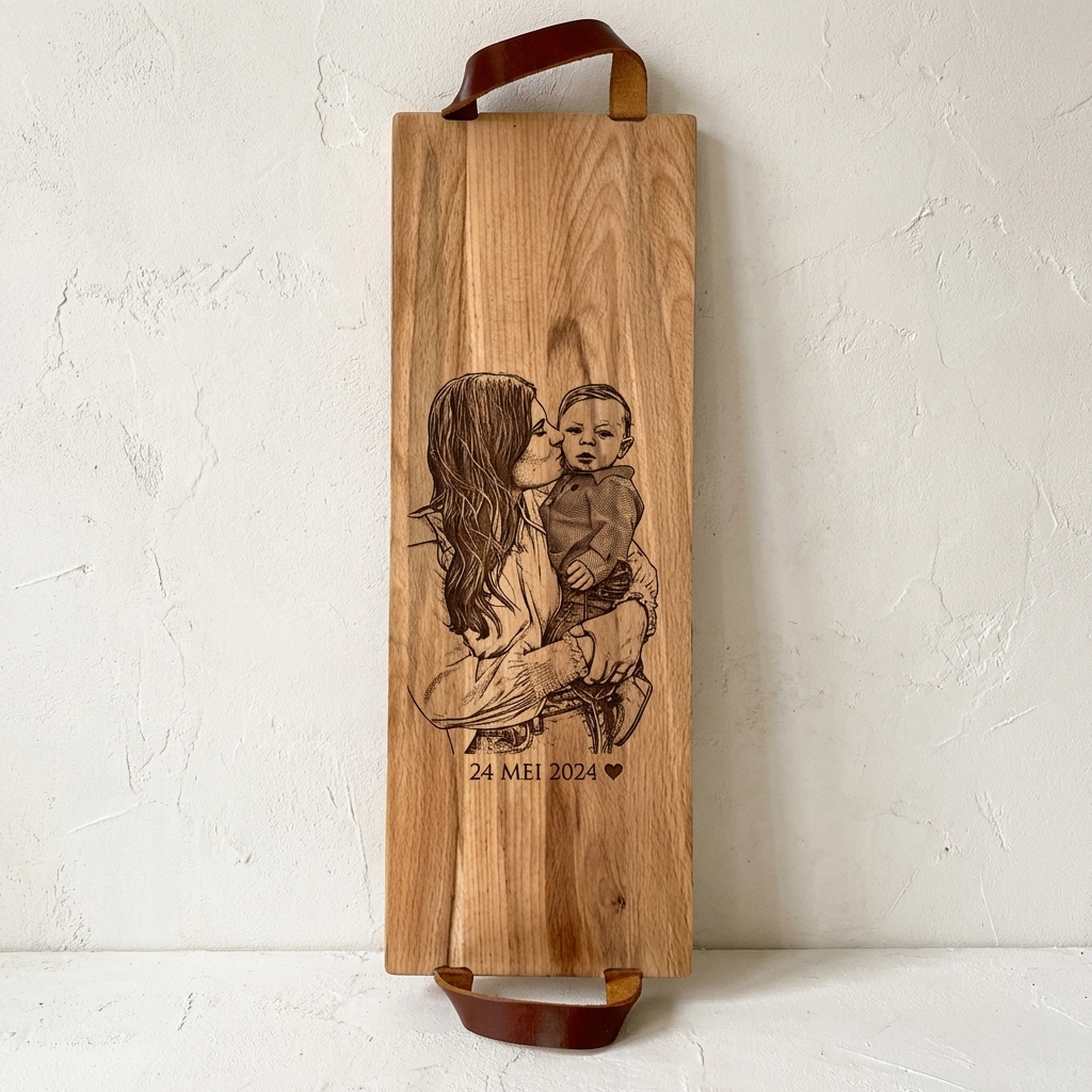 Foto, logo of tekst op borrelplank, snijplank, hapjesplank graveren  - Beuken -  48cm x 17cm - met leren handvatten - 20