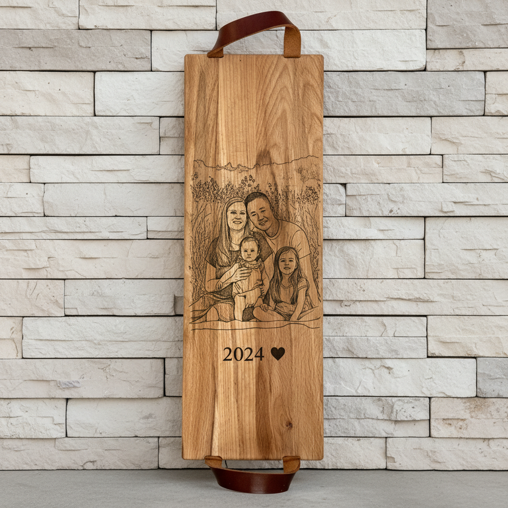 Foto, logo of tekst op borrelplank, snijplank, hapjesplank graveren  - Beuken -  48cm x 17cm - met leren handvatten - 3