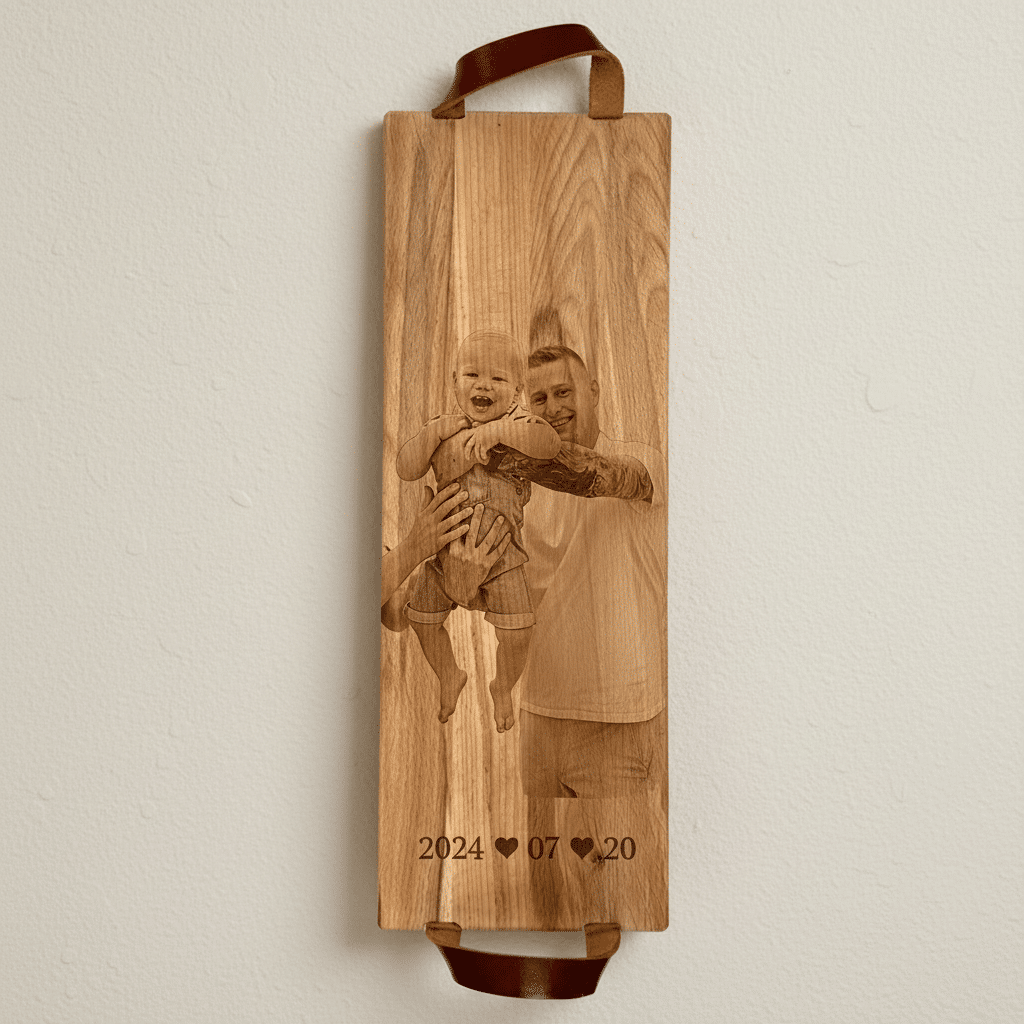 Foto, logo of tekst op borrelplank, snijplank, hapjesplank graveren  - Beuken -  48cm x 17cm - met leren handvatten - 4