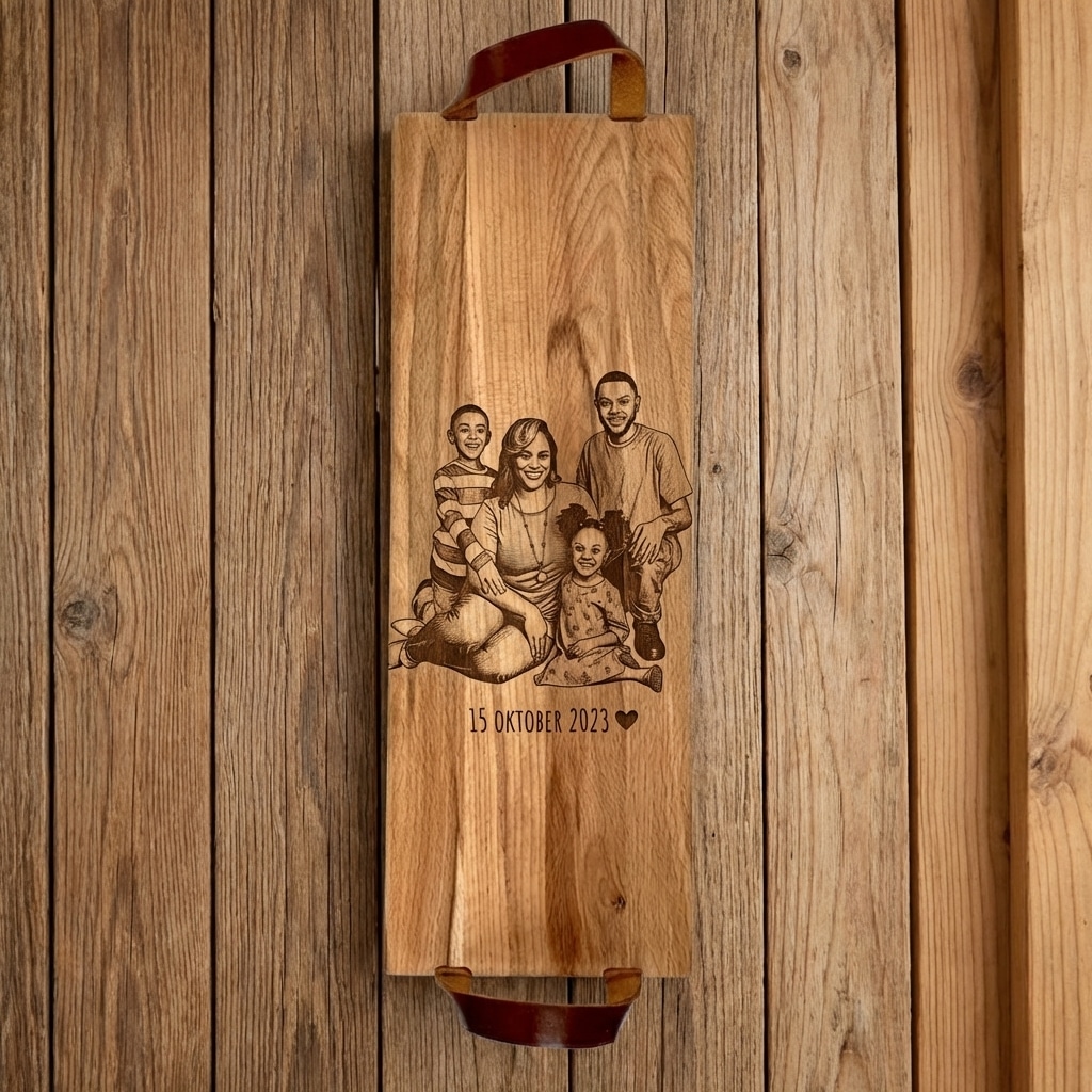 Foto, logo of tekst op borrelplank, snijplank, hapjesplank graveren  - Beuken -  48cm x 17cm - met leren handvatten - 5