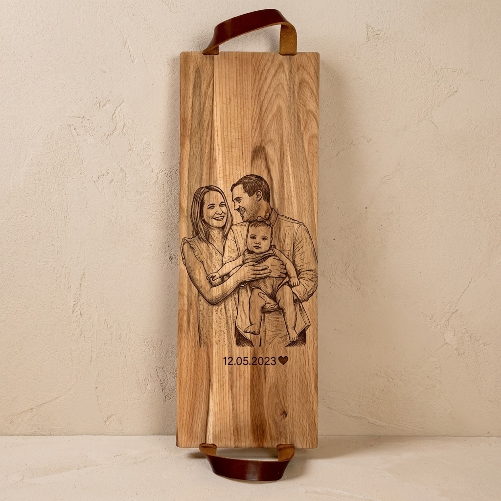 Foto, logo of tekst op borrelplank, snijplank, hapjesplank graveren  - Beuken -  48cm x 17cm - met leren handvatten - 6