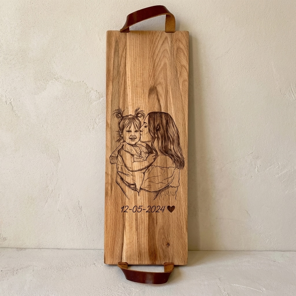 Foto, logo of tekst op borrelplank, snijplank, hapjesplank graveren  - Beuken -  48cm x 17cm - met leren handvatten - 7