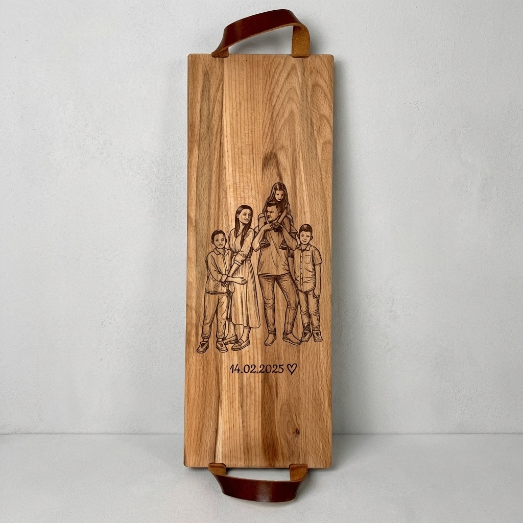 Foto, logo of tekst op borrelplank, snijplank, hapjesplank graveren  - Beuken -  48cm x 17cm - met leren handvatten - 8