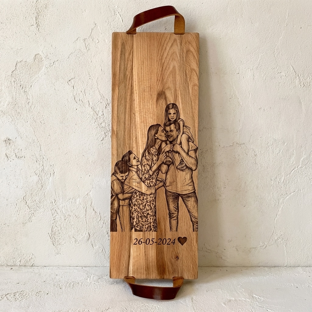 Foto, logo of tekst op borrelplank, snijplank, hapjesplank graveren  - Beuken -  48cm x 17cm - met leren handvatten - 9