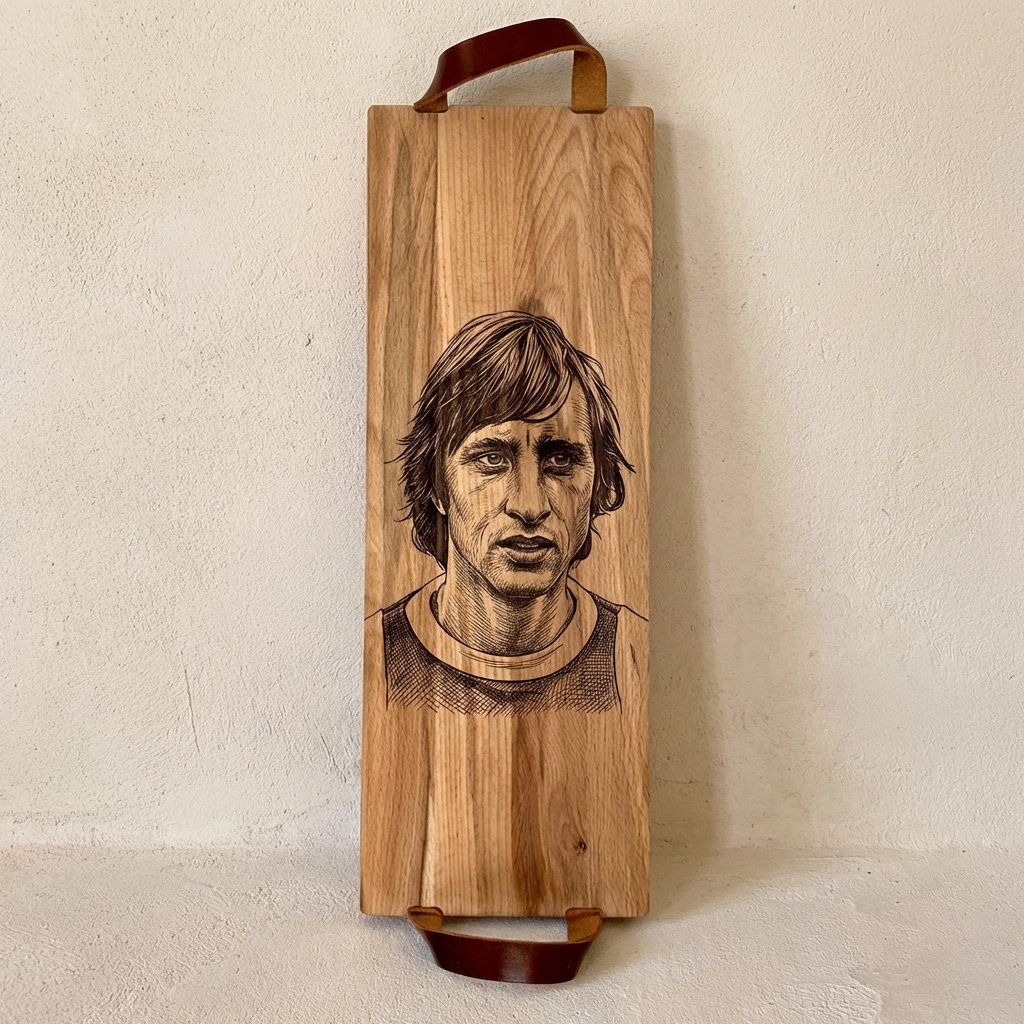 Foto, logo of tekst op borrelplank, snijplank, hapjesplank graveren  - Beuken -  48cm x 17cm - met leren handvatten - 41