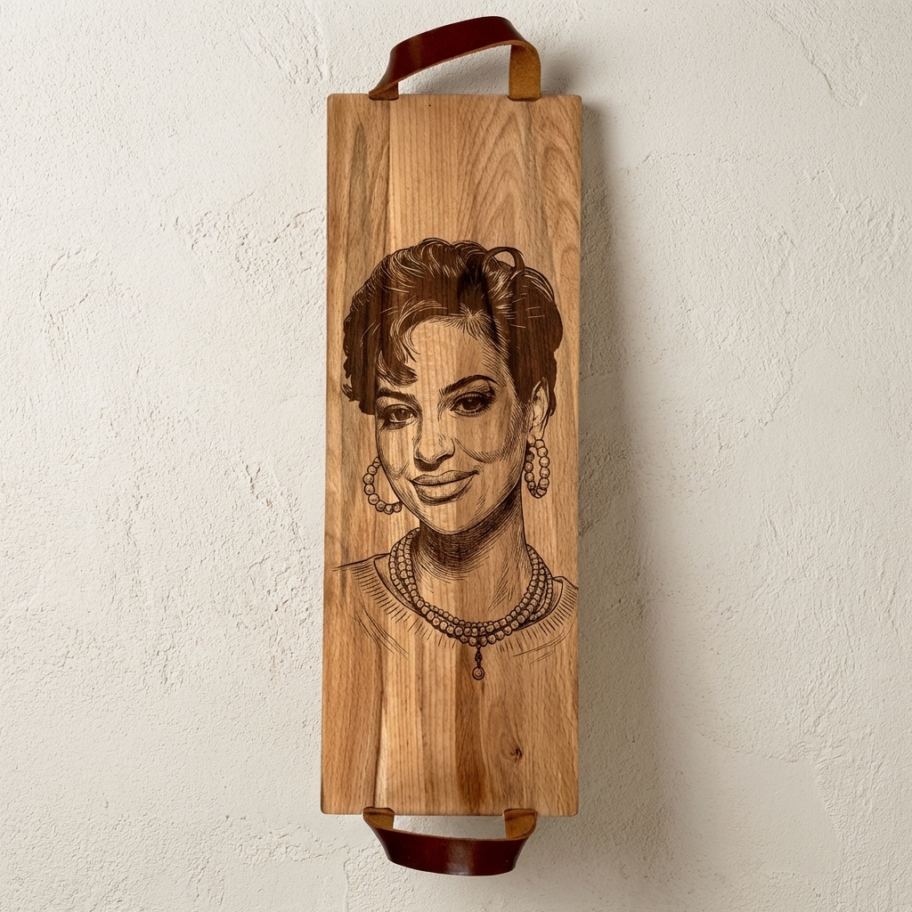 Foto, logo of tekst op borrelplank, snijplank, hapjesplank graveren  - Beuken -  48cm x 17cm - met leren handvatten - 50