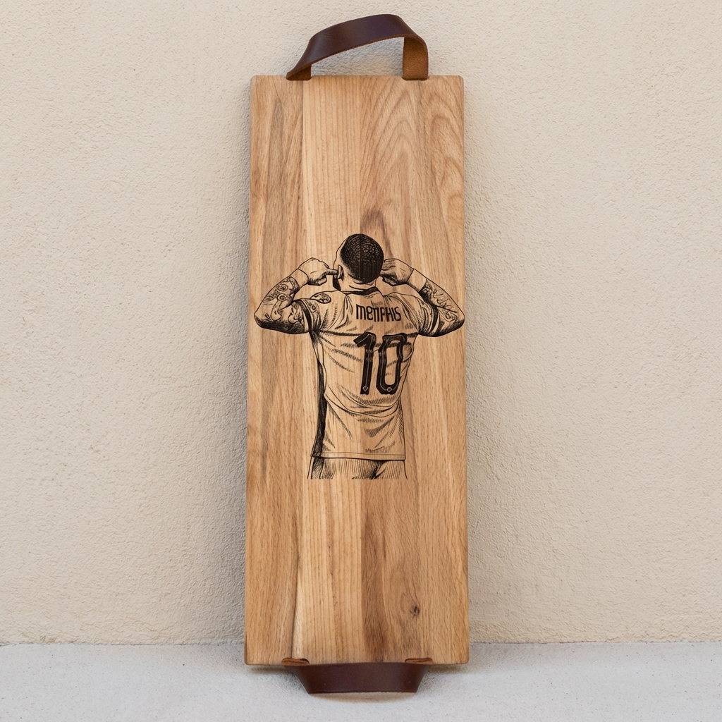 Foto, logo of tekst op borrelplank, snijplank, hapjesplank graveren  - Beuken -  48cm x 17cm - met leren handvatten - 42