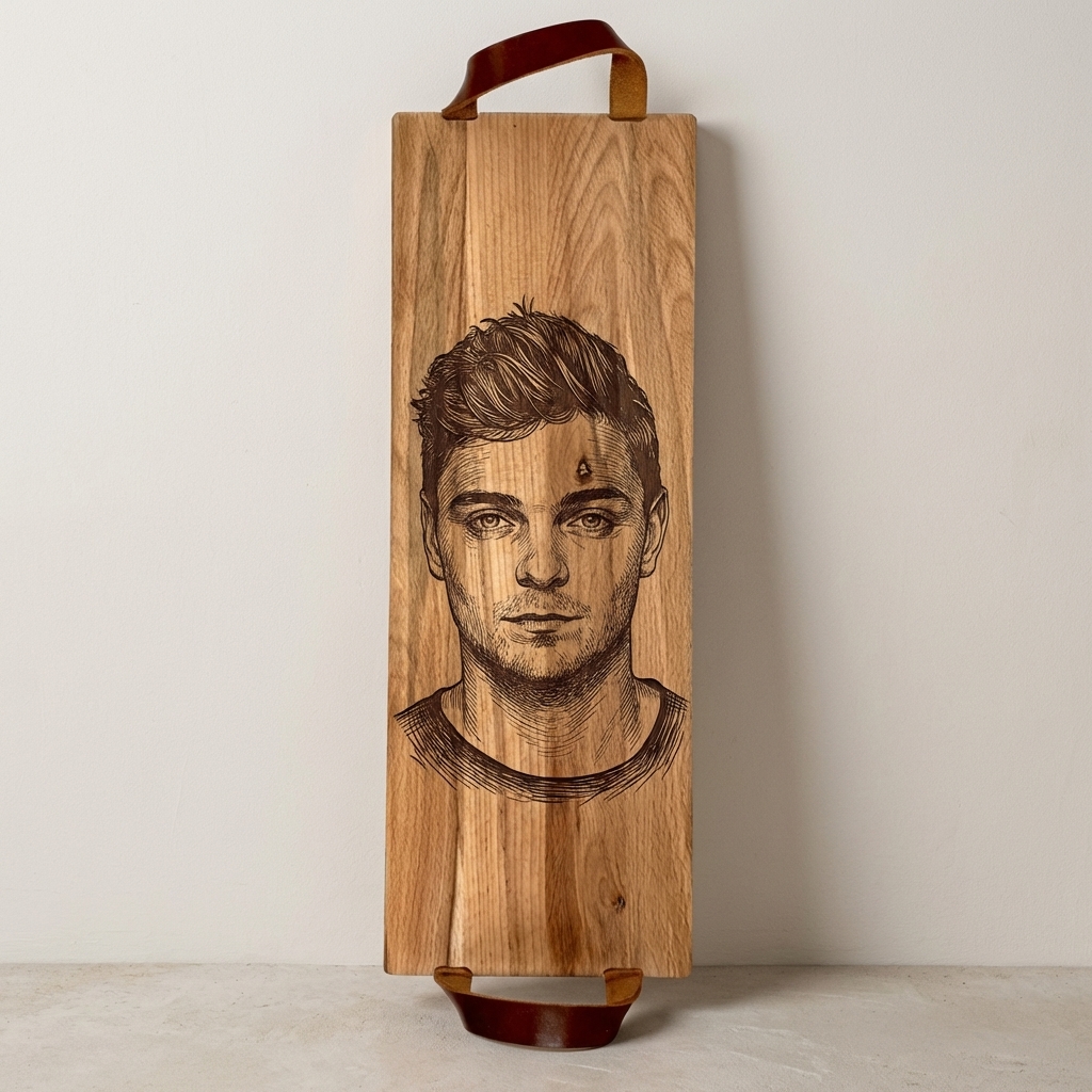 Foto, logo of tekst op borrelplank, snijplank, hapjesplank graveren  - Beuken -  48cm x 17cm - met leren handvatten - 43