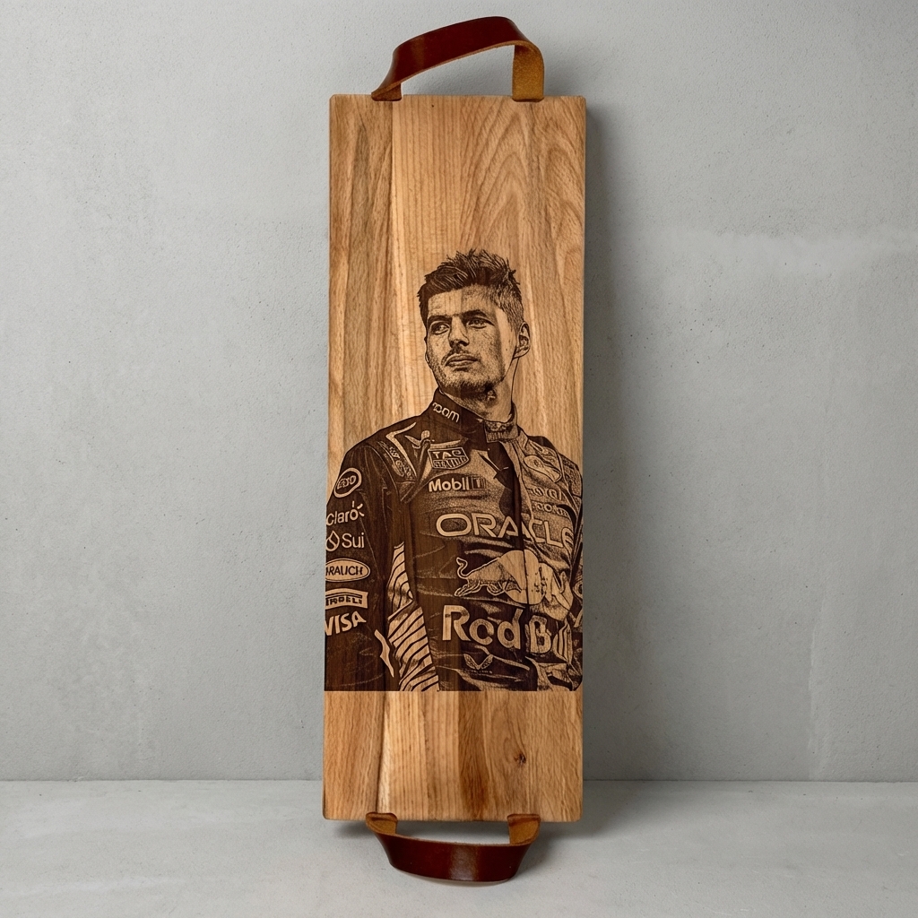 Foto, logo of tekst op borrelplank, snijplank, hapjesplank graveren  - Beuken -  48cm x 17cm - met leren handvatten - 44