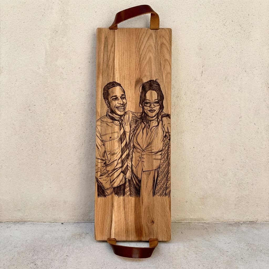 Foto, logo of tekst op borrelplank, snijplank, hapjesplank graveren  - Beuken -  48cm x 17cm - met leren handvatten - 45