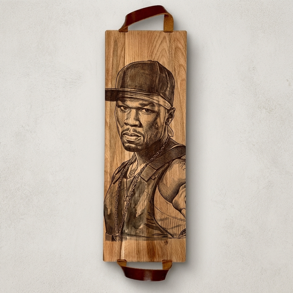 Foto, logo of tekst op borrelplank, snijplank, hapjesplank graveren  - Beuken -  48cm x 17cm - met leren handvatten - 46