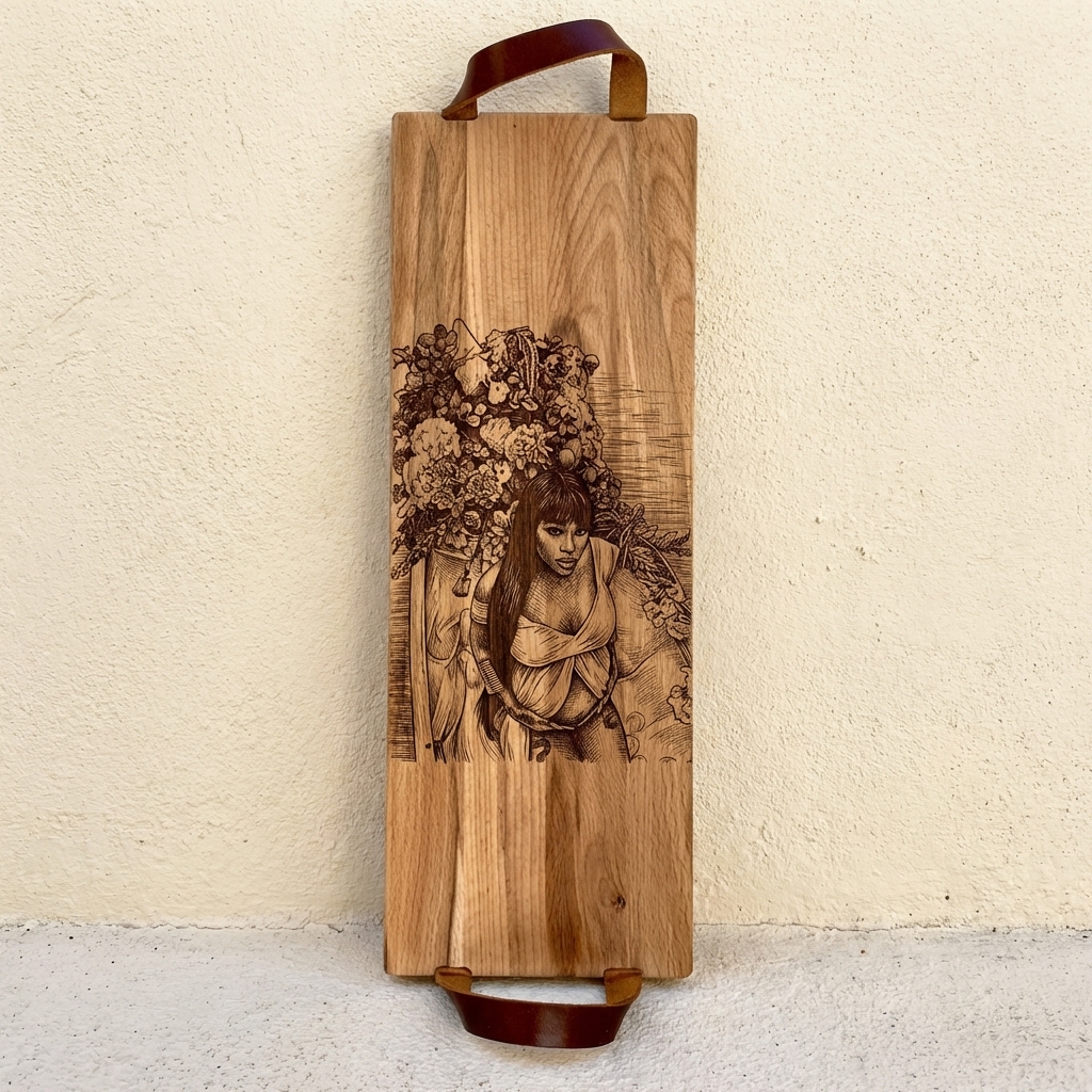 Foto, logo of tekst op borrelplank, snijplank, hapjesplank graveren  - Beuken -  48cm x 17cm - met leren handvatten - 47