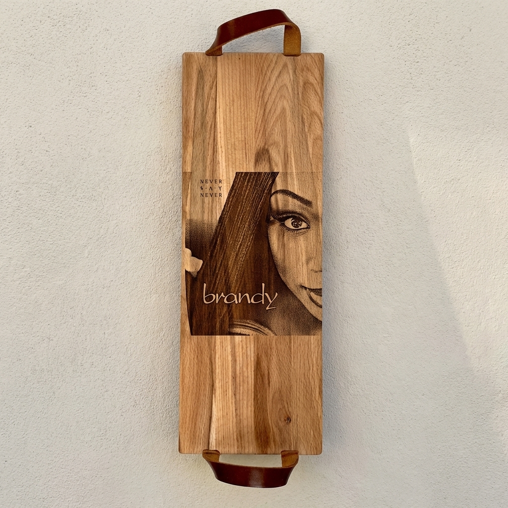 Foto, logo of tekst op borrelplank, snijplank, hapjesplank graveren  - Beuken -  48cm x 17cm - met leren handvatten - 48