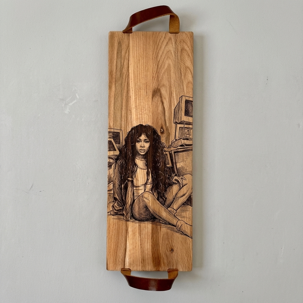 Foto, logo of tekst op borrelplank, snijplank, hapjesplank graveren  - Beuken -  48cm x 17cm - met leren handvatten - 49