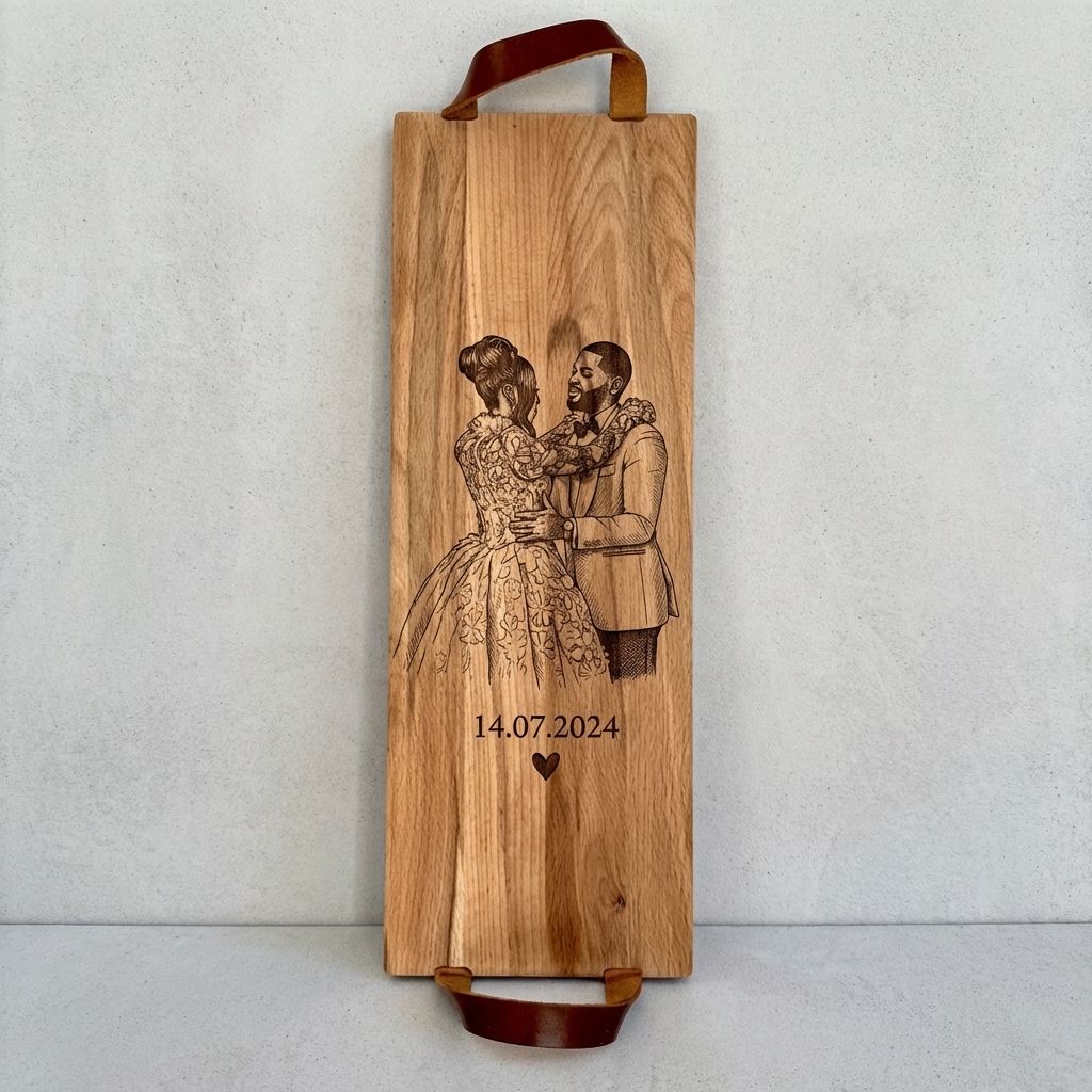 Foto, logo of tekst op borrelplank, snijplank, hapjesplank graveren  - Beuken -  48cm x 17cm - met leren handvatten - 21