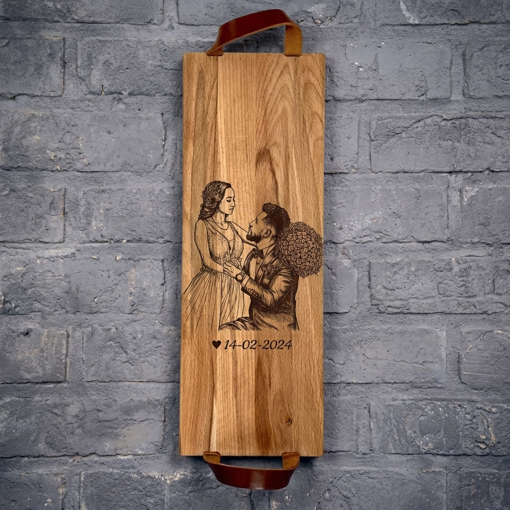 Foto, logo of tekst op borrelplank, snijplank, hapjesplank graveren  - Beuken -  48cm x 17cm - met leren handvatten - 30