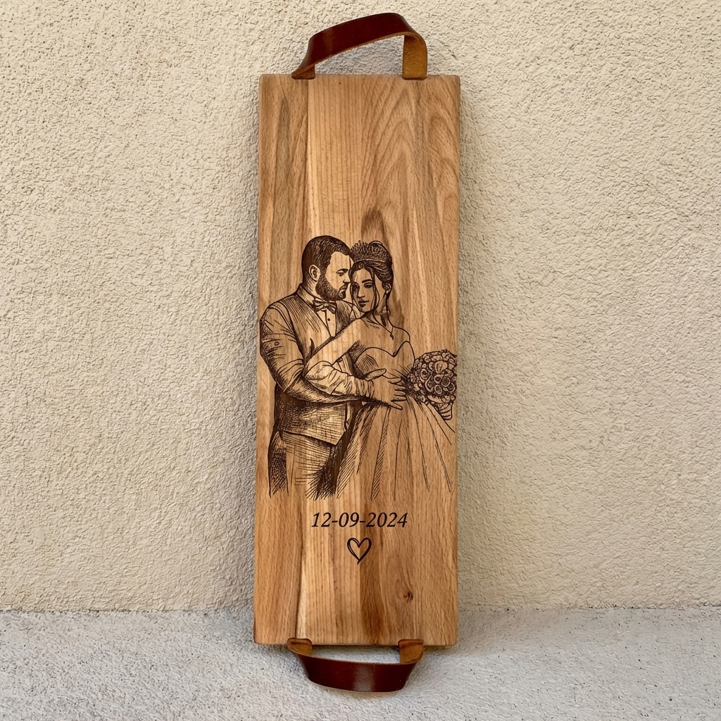 Foto, logo of tekst op borrelplank, snijplank, hapjesplank graveren  - Beuken -  48cm x 17cm - met leren handvatten - 31