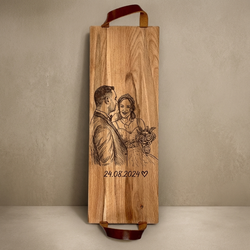 Foto, logo of tekst op borrelplank, snijplank, hapjesplank graveren  - Beuken -  48cm x 17cm - met leren handvatten - 32