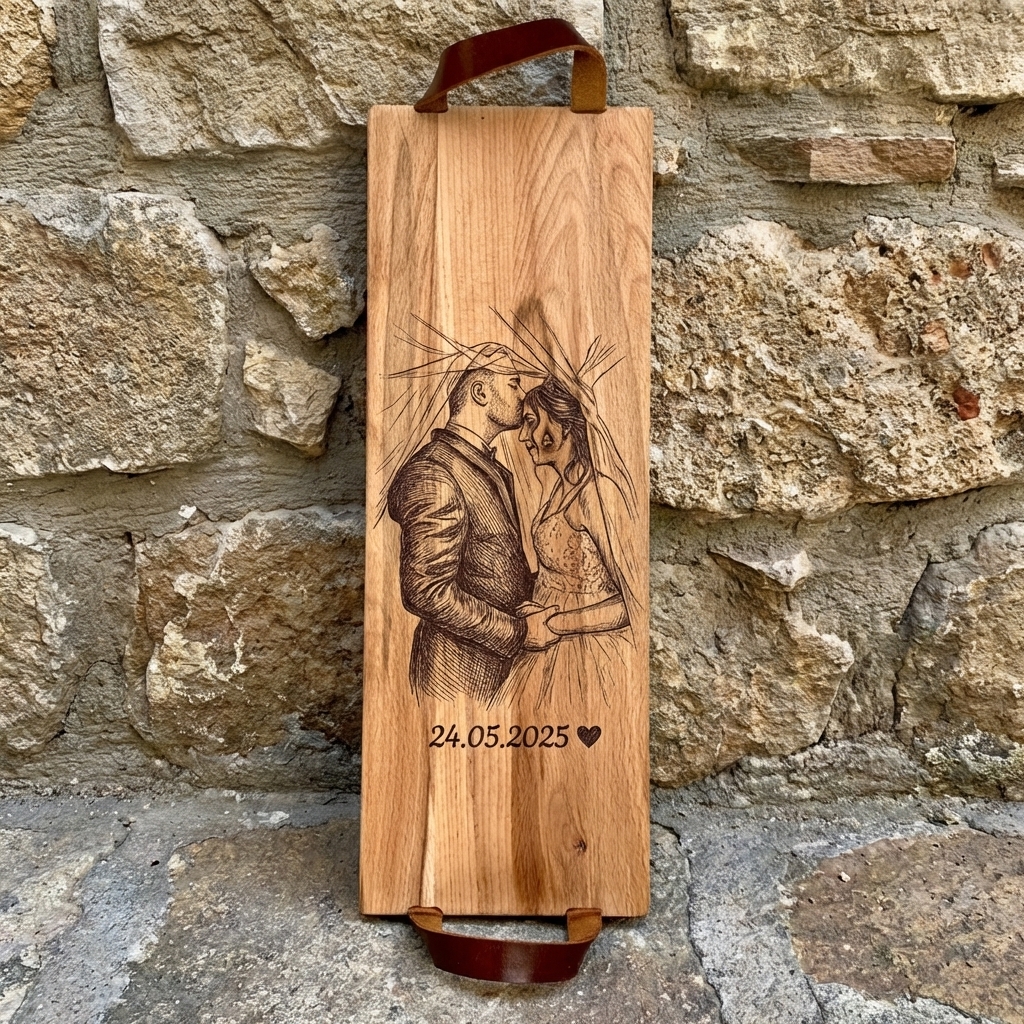 Foto, logo of tekst op borrelplank, snijplank, hapjesplank graveren  - Beuken -  48cm x 17cm - met leren handvatten - 33