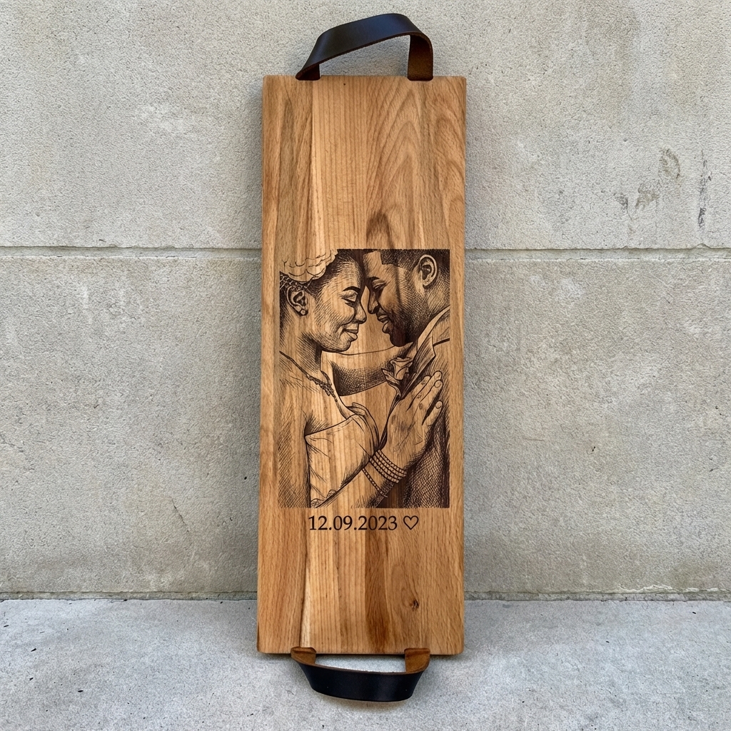 Foto, logo of tekst op borrelplank, snijplank, hapjesplank graveren  - Beuken -  48cm x 17cm - met leren handvatten - 34