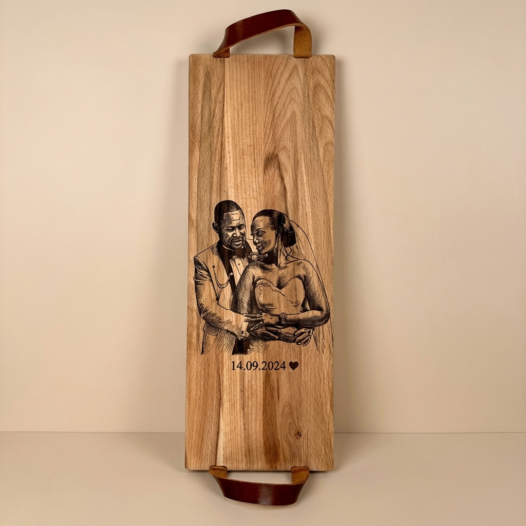 Foto, logo of tekst op borrelplank, snijplank, hapjesplank graveren  - Beuken -  48cm x 17cm - met leren handvatten - 35