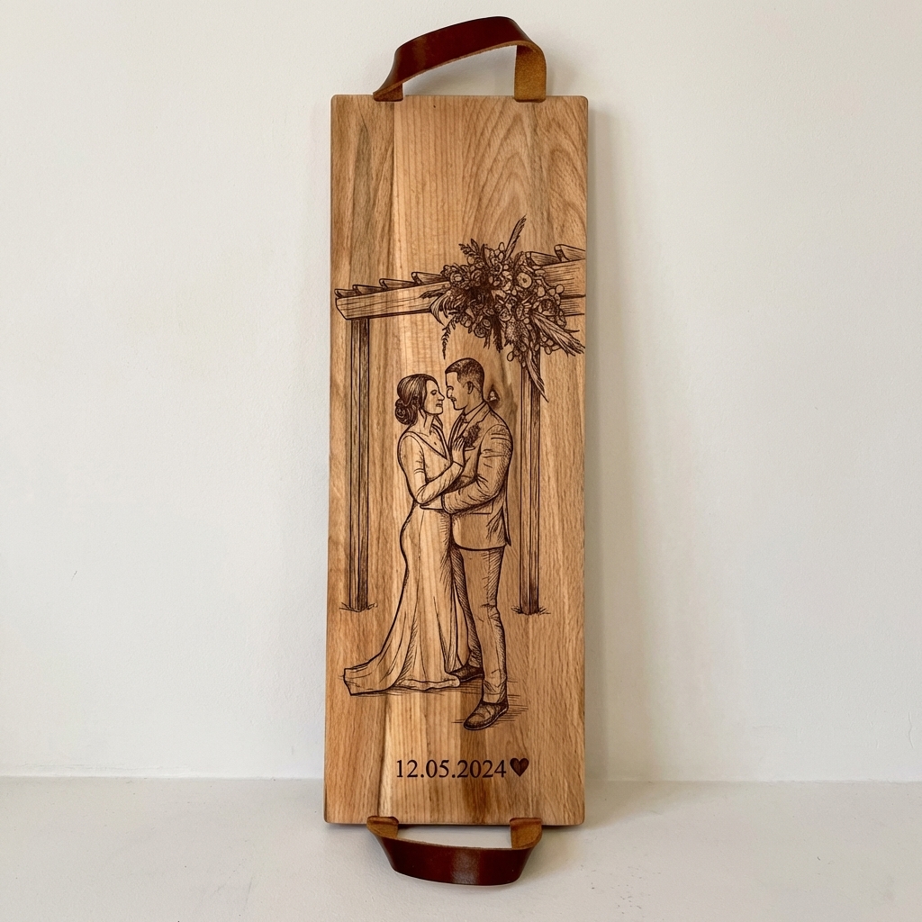 Foto, logo of tekst op borrelplank, snijplank, hapjesplank graveren  - Beuken -  48cm x 17cm - met leren handvatten - 37