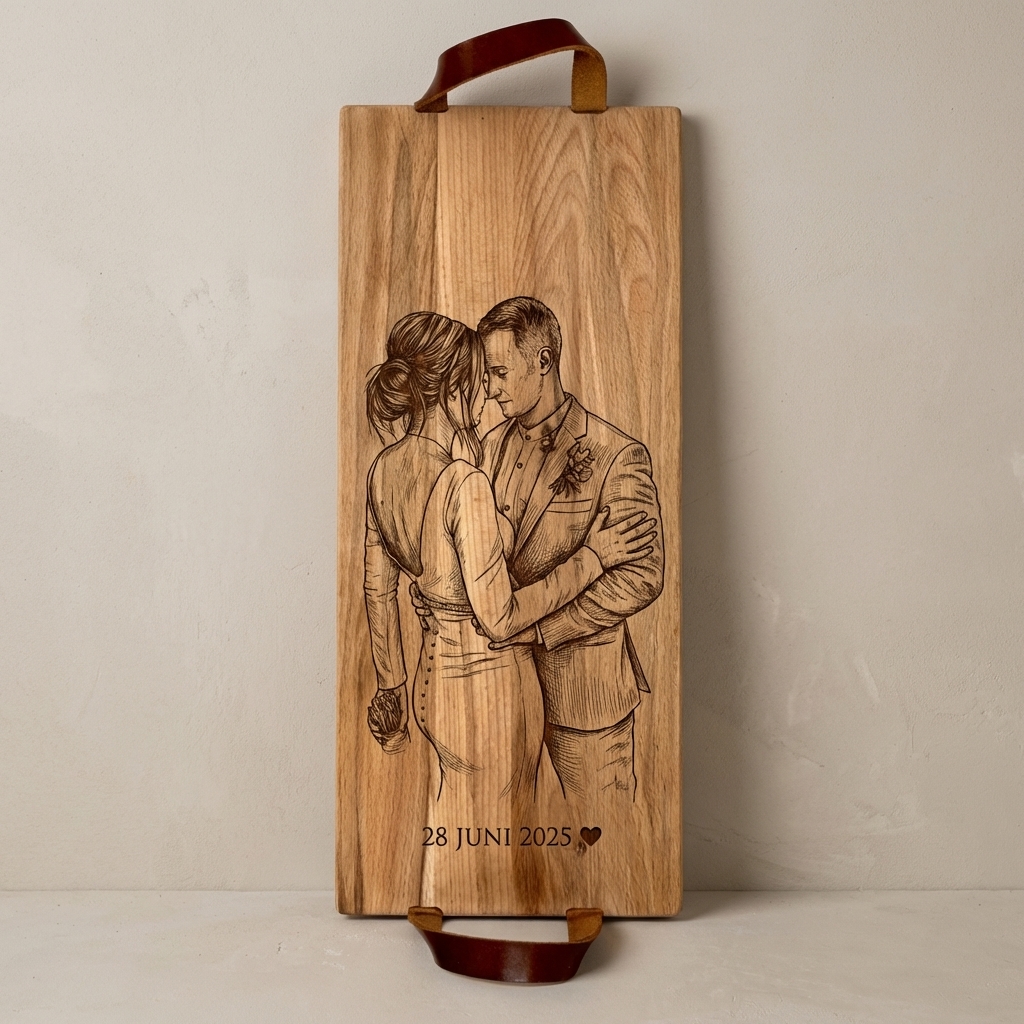 Foto, logo of tekst op borrelplank, snijplank, hapjesplank graveren  - Beuken -  48cm x 17cm - met leren handvatten - 38