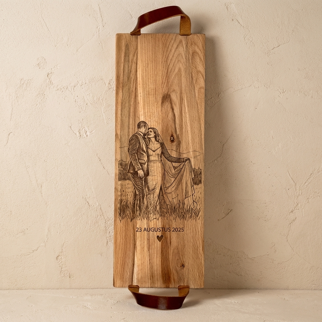 Foto, logo of tekst op borrelplank, snijplank, hapjesplank graveren  - Beuken -  48cm x 17cm - met leren handvatten - 39