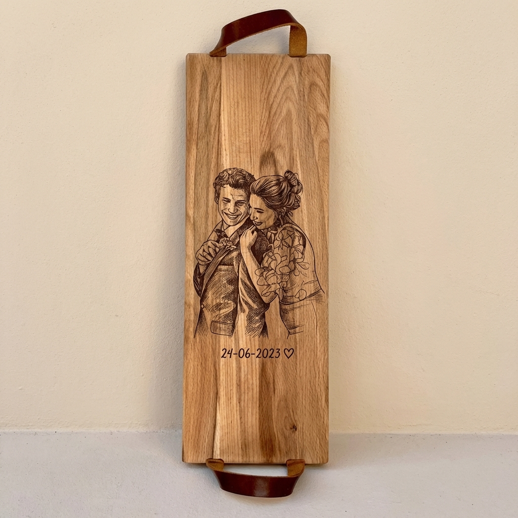 Foto, logo of tekst op borrelplank, snijplank, hapjesplank graveren  - Beuken -  48cm x 17cm - met leren handvatten - 22
