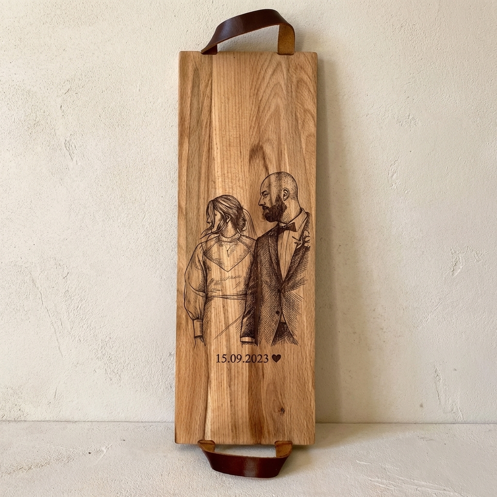 Foto, logo of tekst op borrelplank, snijplank, hapjesplank graveren  - Beuken -  48cm x 17cm - met leren handvatten - 40