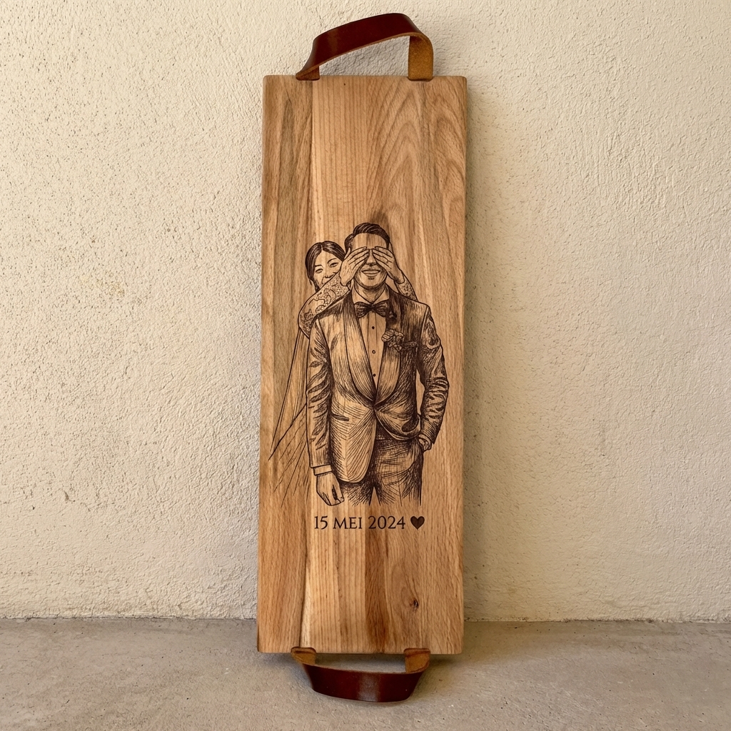 Foto, logo of tekst op borrelplank, snijplank, hapjesplank graveren  - Beuken -  48cm x 17cm - met leren handvatten - 23