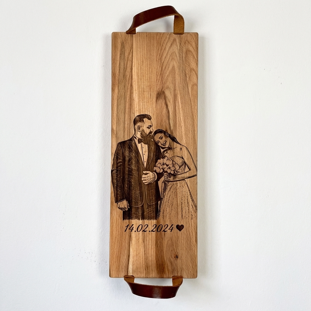 Foto, logo of tekst op borrelplank, snijplank, hapjesplank graveren  - Beuken -  48cm x 17cm - met leren handvatten - 24