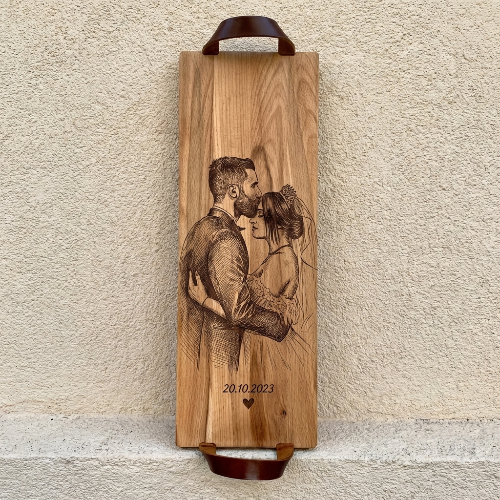 Foto, logo of tekst op borrelplank, snijplank, hapjesplank graveren  - Beuken -  48cm x 17cm - met leren handvatten - 25