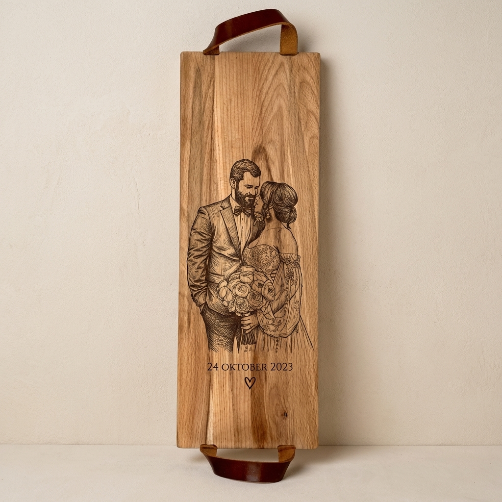 Foto, logo of tekst op borrelplank, snijplank, hapjesplank graveren  - Beuken -  48cm x 17cm - met leren handvatten - 26
