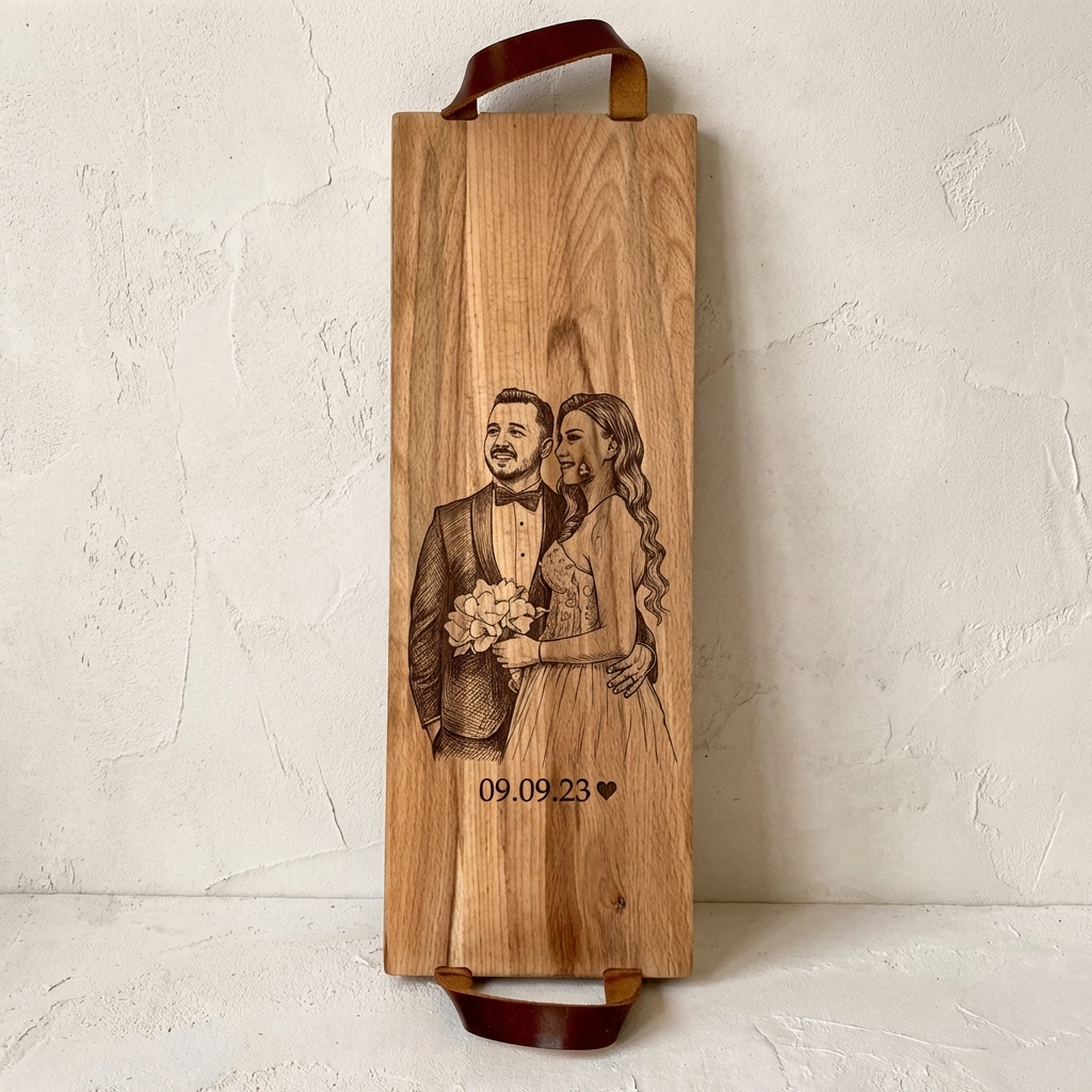 Foto, logo of tekst op borrelplank, snijplank, hapjesplank graveren  - Beuken -  48cm x 17cm - met leren handvatten - 27